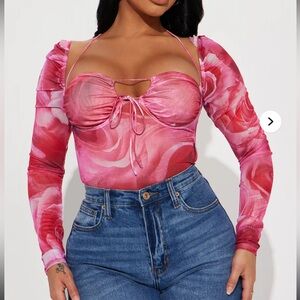 Fashion Nova Pink Floral Long Sleeve Blouse